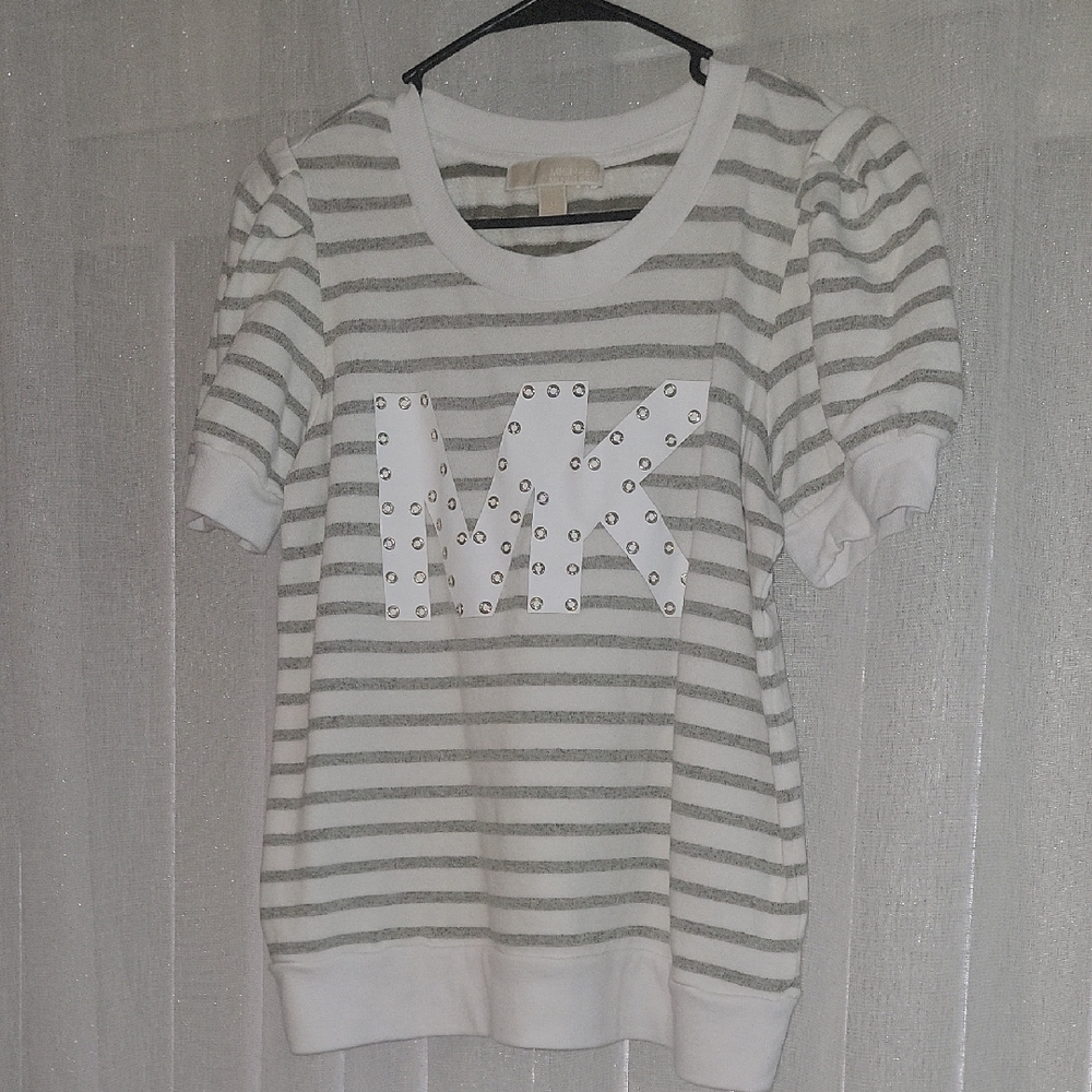 Michael Kors Gray and White Striped Tee with Studded Logo
